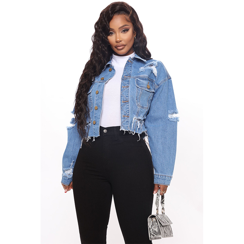 Women'S Fashion Denim Jacket - Washed Ripped Denim Short Jacket. New