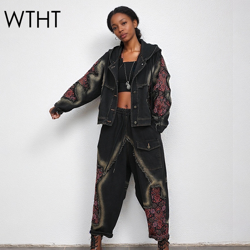 Women'S Fashion Denim Jacket - WTHT Fashion Women's Wash Patchwork Long