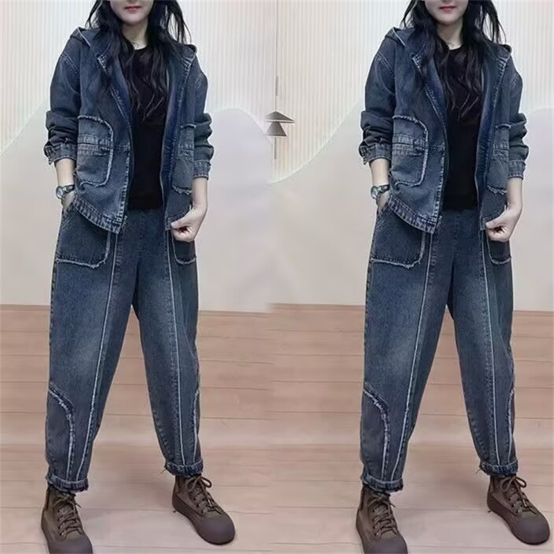 Women'S Fashion Denim Jacket - 2024 Autumn Hooded qDenim jacket Suits