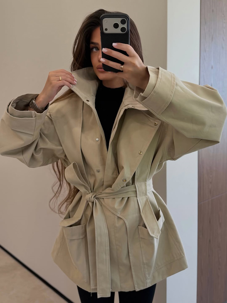 Women'S Fashion Utility Jacket - Women Short Trench Coat Belted Stand