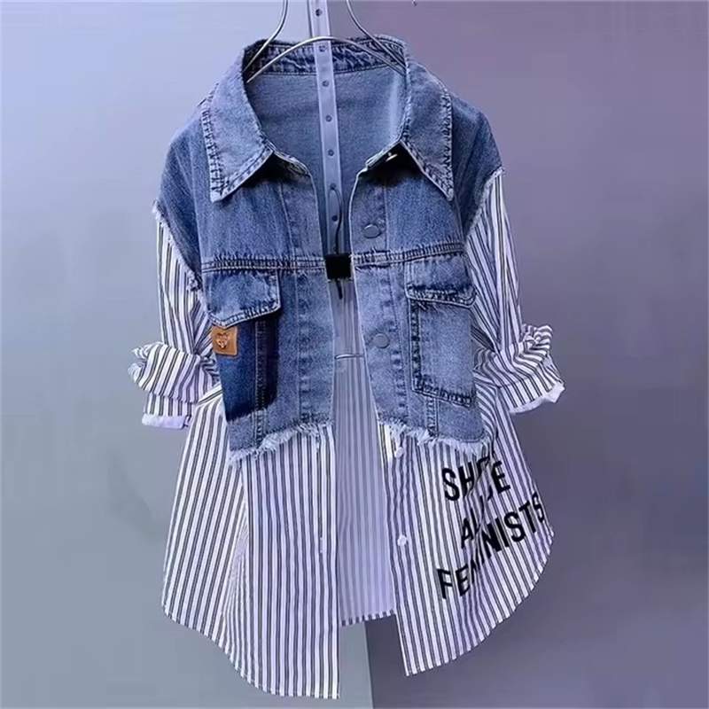 Women'S Fashion Denim Jacket - 2025 New Spring/Summer Fashion Korean Striped