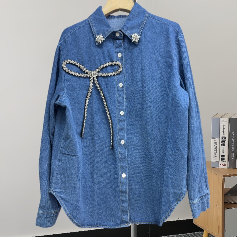 Women'S Fashion Denim Jacket - Fashion top rhinestone bow denim shirt